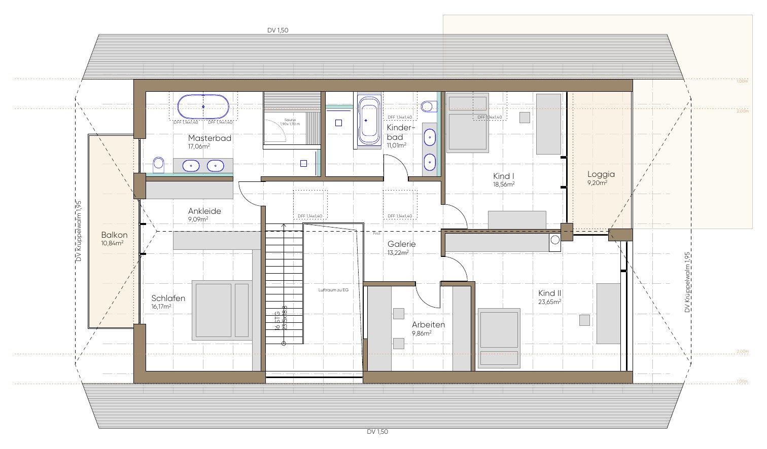 Grundriss Dachgeschoss mit Schlafen, Ankleide, Masterbad, zwei Kinderzimmern, Kinderbad, Sauna, Arbeiten, Galerie, Balkon und Loggia