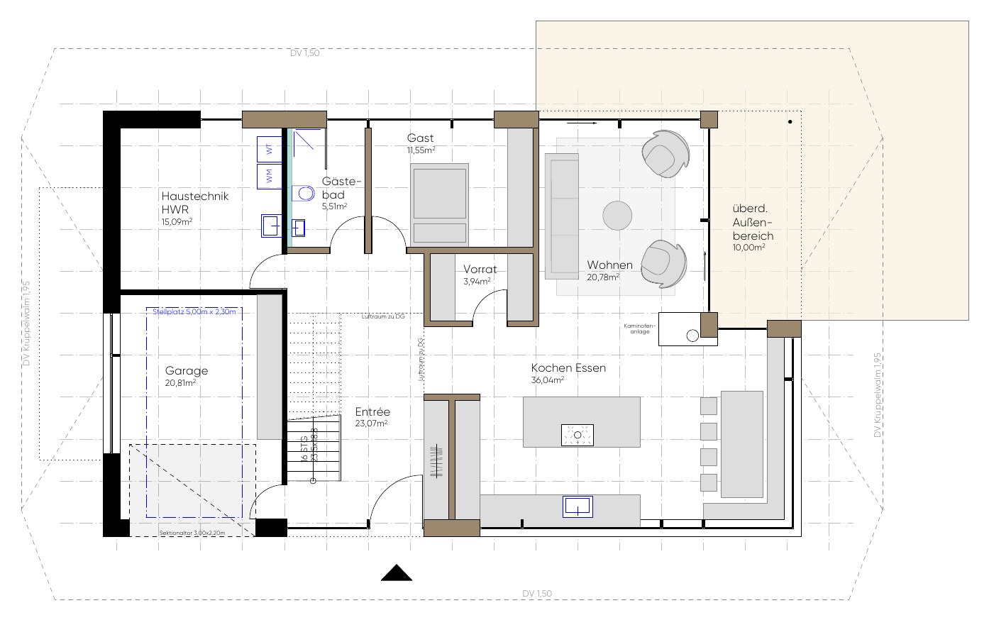 Grundriss Erdgeschoss mit Entrée, Kochen/Essen, Wohnen, Gast, Gästebad, Vorrat, Haustechnik und integrierter Garage