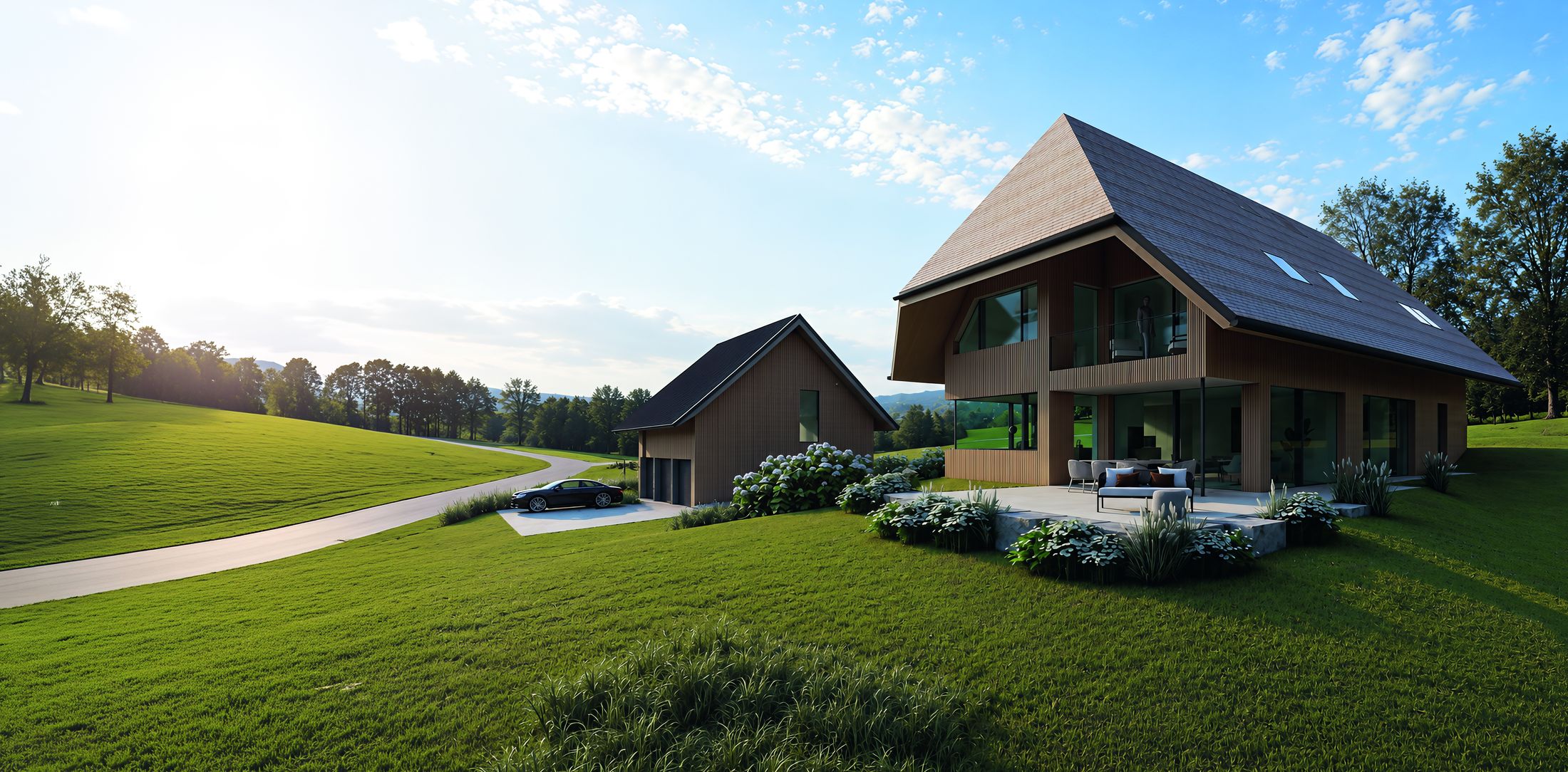 Visualisierung des projektierten Wohnhauses Geutsche: zweigeschossiges Holzhaus mit Krüppelwalmdach, Terrasse und freistehendem Garagengebäude in Hanglage