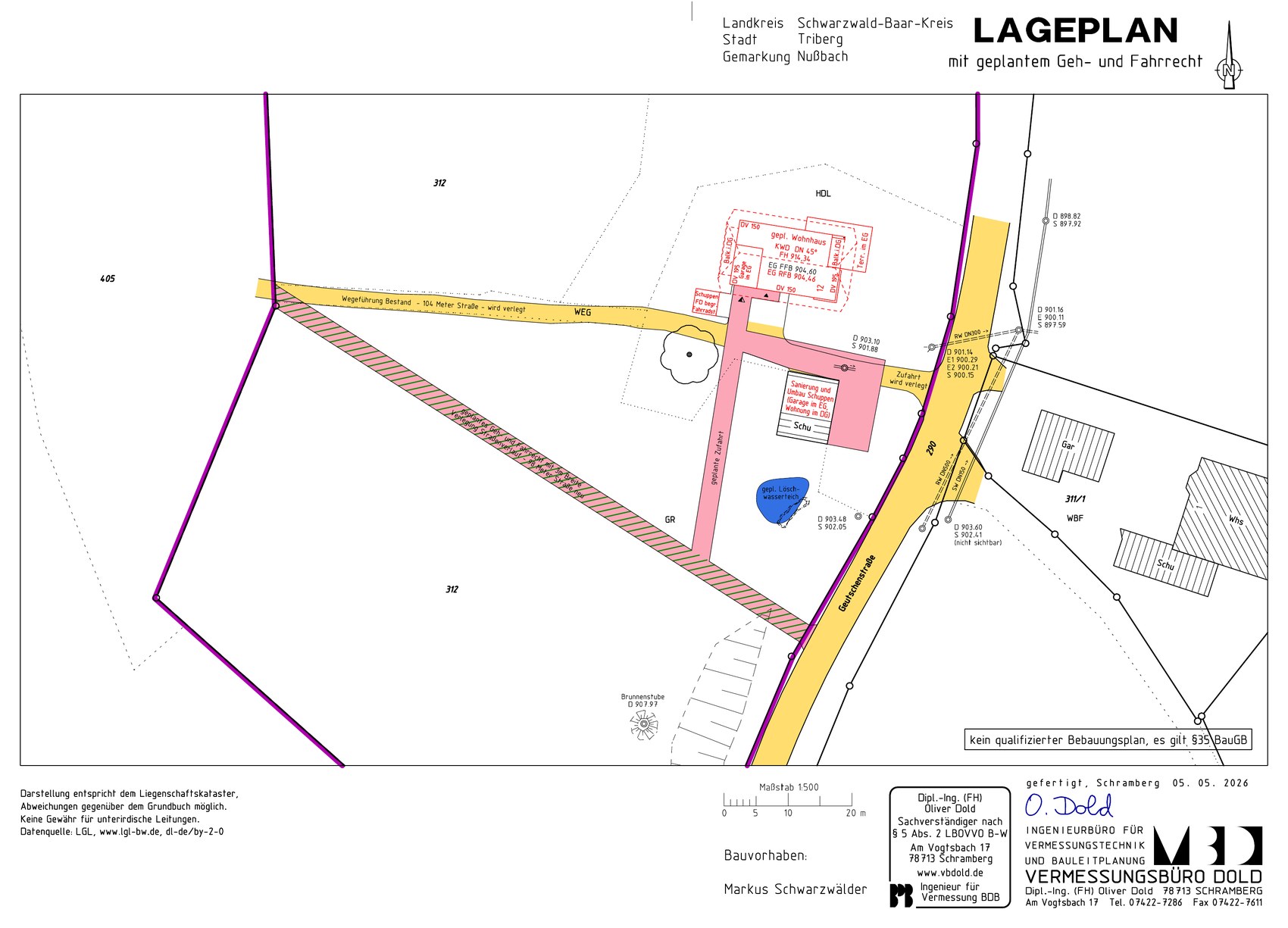 Amtlicher Lageplan des Grundstücks mit eingezeichnetem Wohnhaus, Garagengebäude und geplantem Geh- und Fahrrecht
